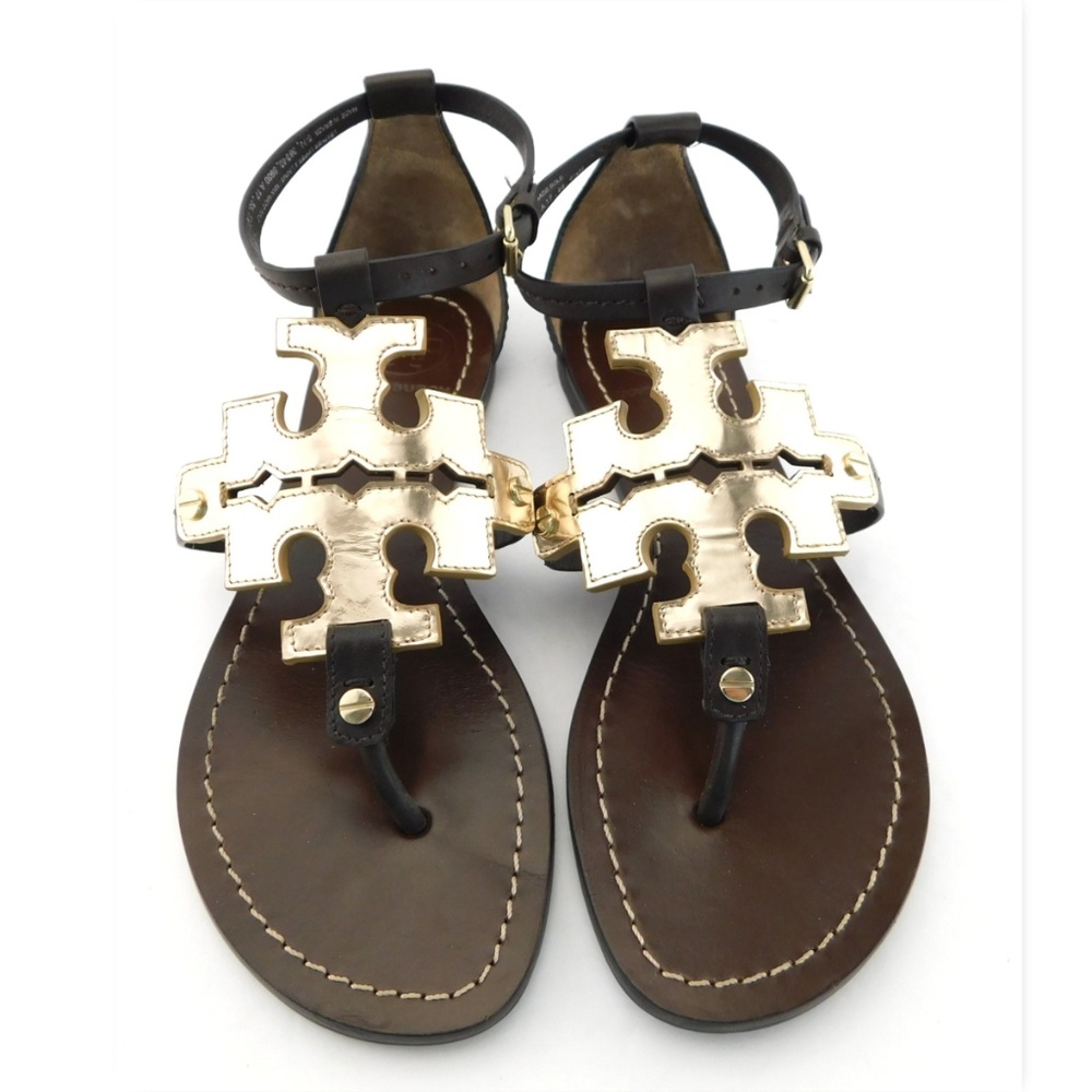TORY BURCH Brown Leather Gold Logo Thong Ankle Strap Sandals 6.5